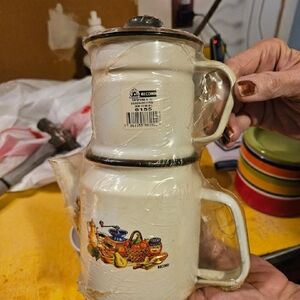 Record White Enamel Coffee Pot with Fruit Design